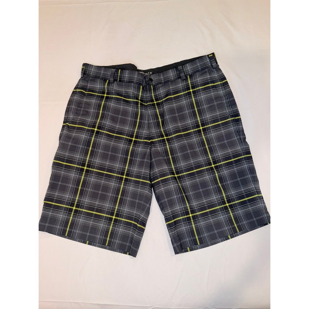 Nike Golf Shorts Grey Neon Yellow Plaid Dri-FIT Men 36